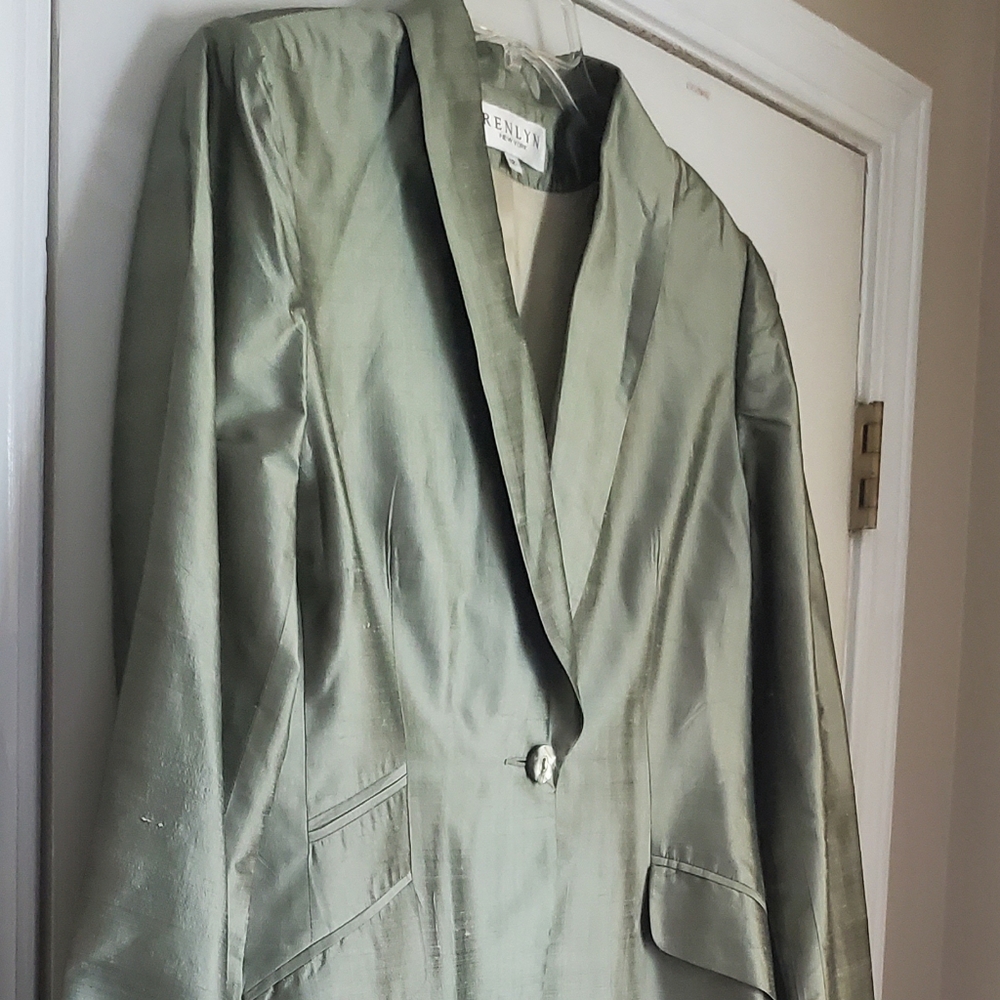 Vintage RENLYN NY 100% Silk Sage Green Oversized Blazer Jacket Size 12 - Picture 3 of 8